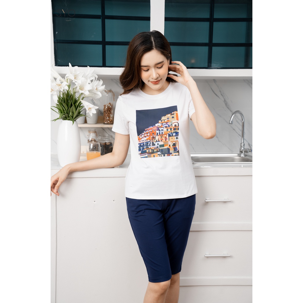 BỘ ÁO CỘC TAY QUẦN LỬNG COTTON MÀU XANH TÍM THAN IN HÌNH NGÔI NHÀ - XANH NAVY S1005-X