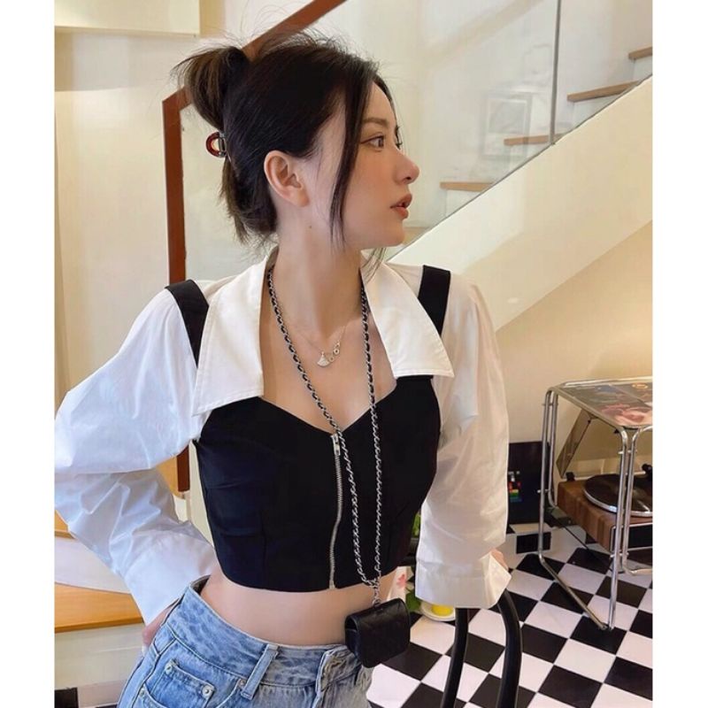 Áo sơ mi CROPTOP trắng phối đen Khoá kéo cực chất