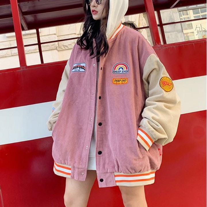 Áo Bomber nhung tăm, Áo Khoác Jacket thêu hình cầu vồng Unisex form rộng thích hợp cho cả nam và nữ RÔ STORE AK07