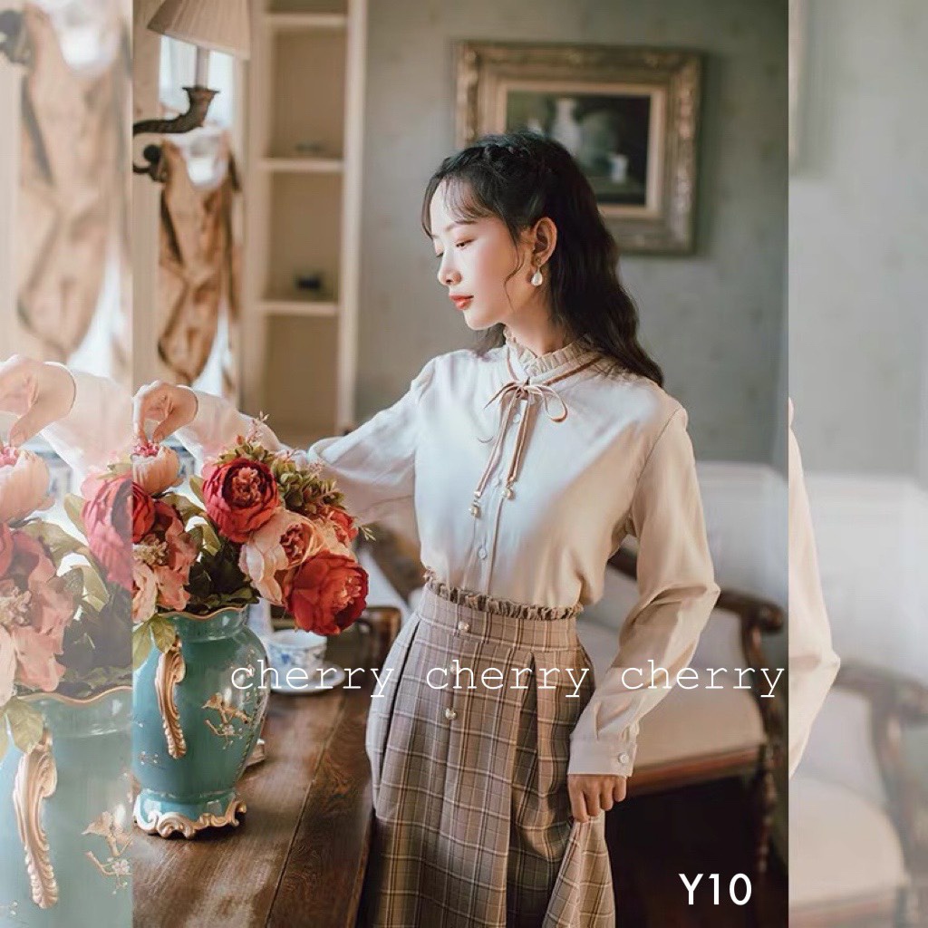 Sét đồ công sở cổ nơ váy kẻ Y10