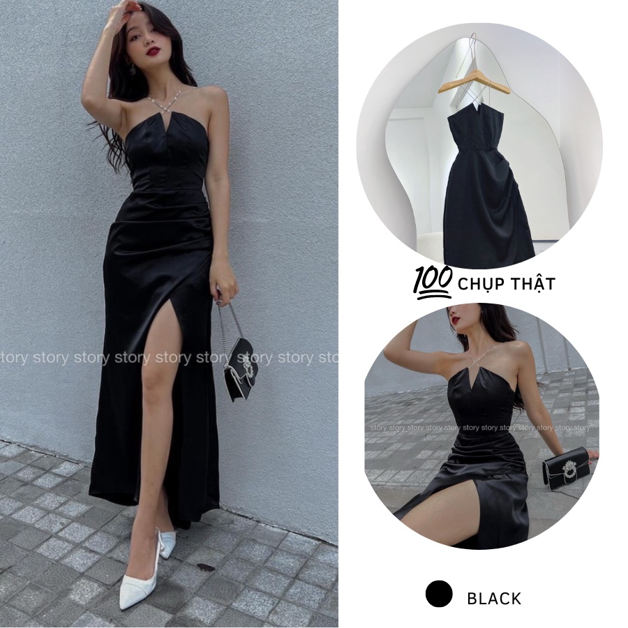 ĐẦM MIDI ĐEN DÂY CHÉO CỔ ĐÍNH ĐÁ SANG TRỌNG XẺ ĐÙI, ĐẦM NỮ DÁNG ÔM SEXY TÔN DÁNG