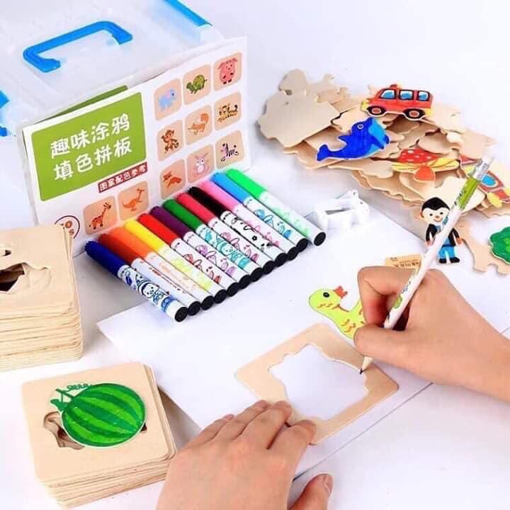 Bộ khuôn vẽ tranh và tô màu bằng gỗ cho bé