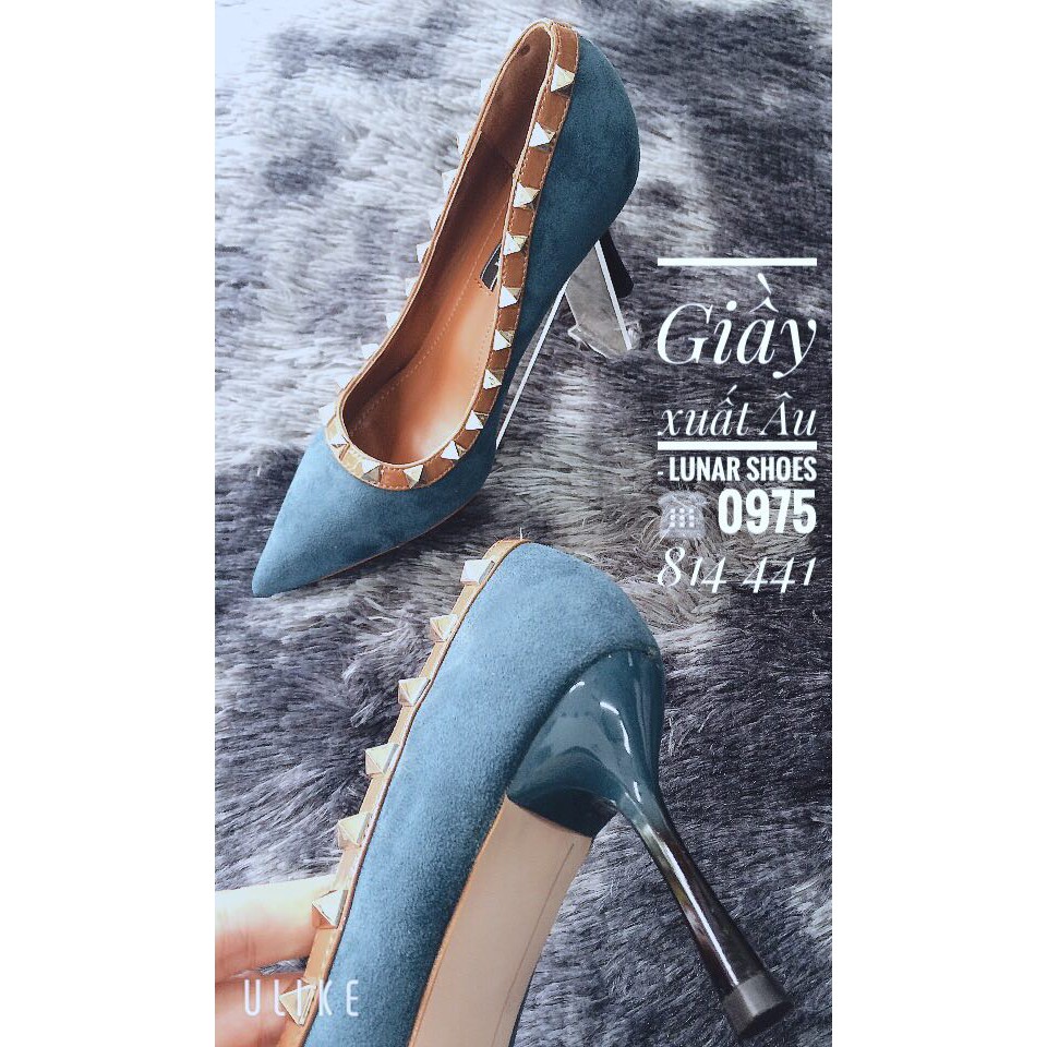 SALE G239 Giầy cao gót xanh viền đinh Sang chảnh