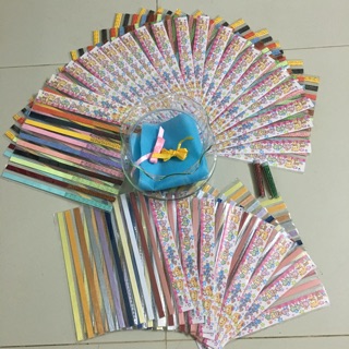 combo 1000 giấy gấp sao in chữ 500 tờ ánh kim và 1 lọ bèo ,giấy lụa nơ