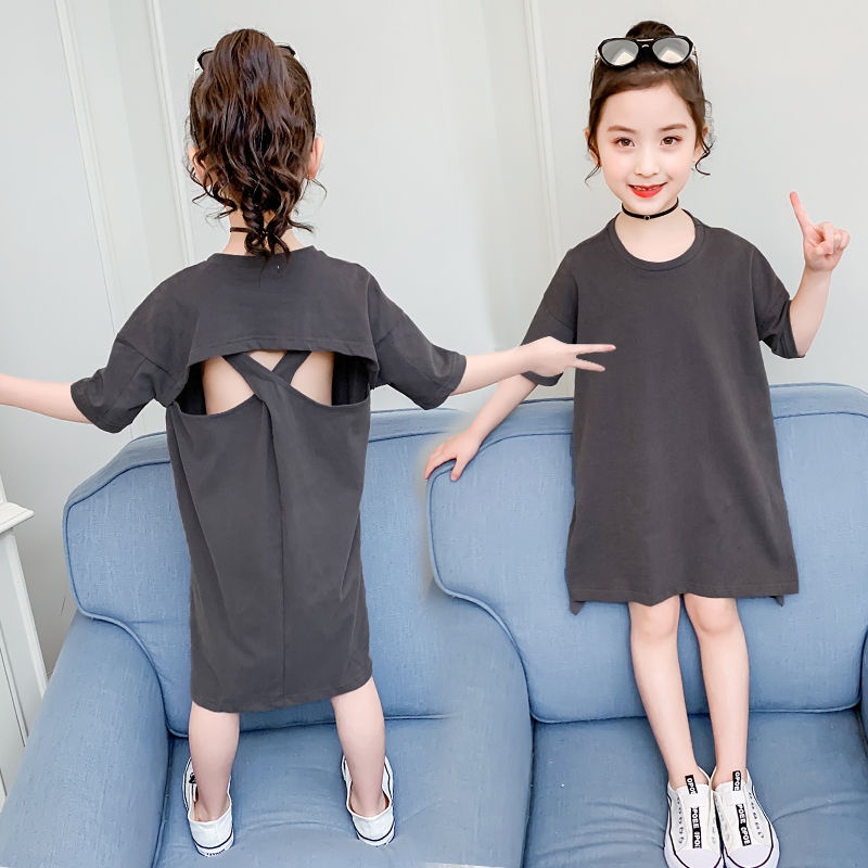 Đầm Thun Lửng Tay Ngắn Hở Lưng Phong Cách Hàn Quốc Thời Trang Mùa Hè Dành Cho Bé Gái 8 Tuổi