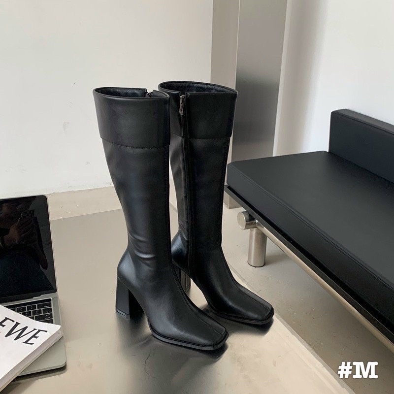 Boot đùi da mềm mũi tròn tròn gót vuông