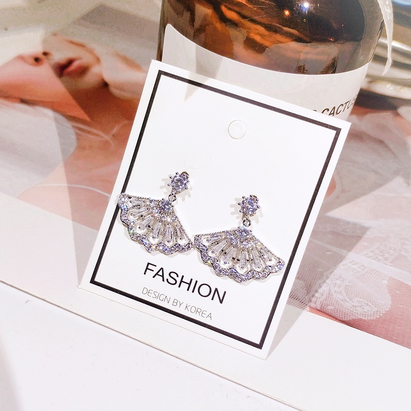 Khuyên tai JIUDUOLAN dạng quạt thiết kế đính đá zircon phong cách Hàn Quốc thời trang sang trọng dành cho nữ