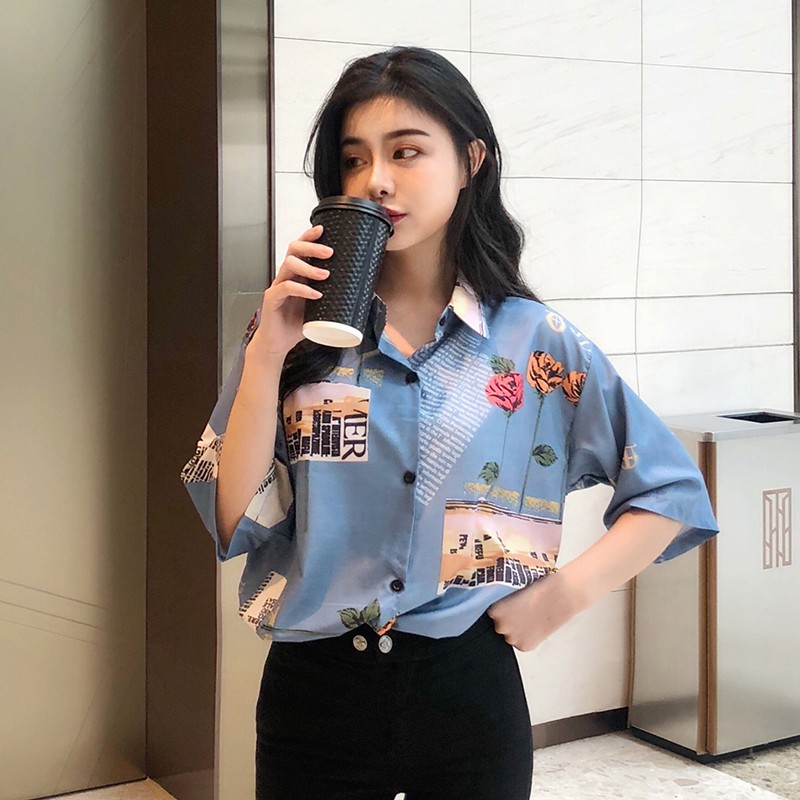 Áo sơ mi ngắn tay họa tiết hoa hồng thanh lịch thời trang nữ | BigBuy360 - bigbuy360.vn