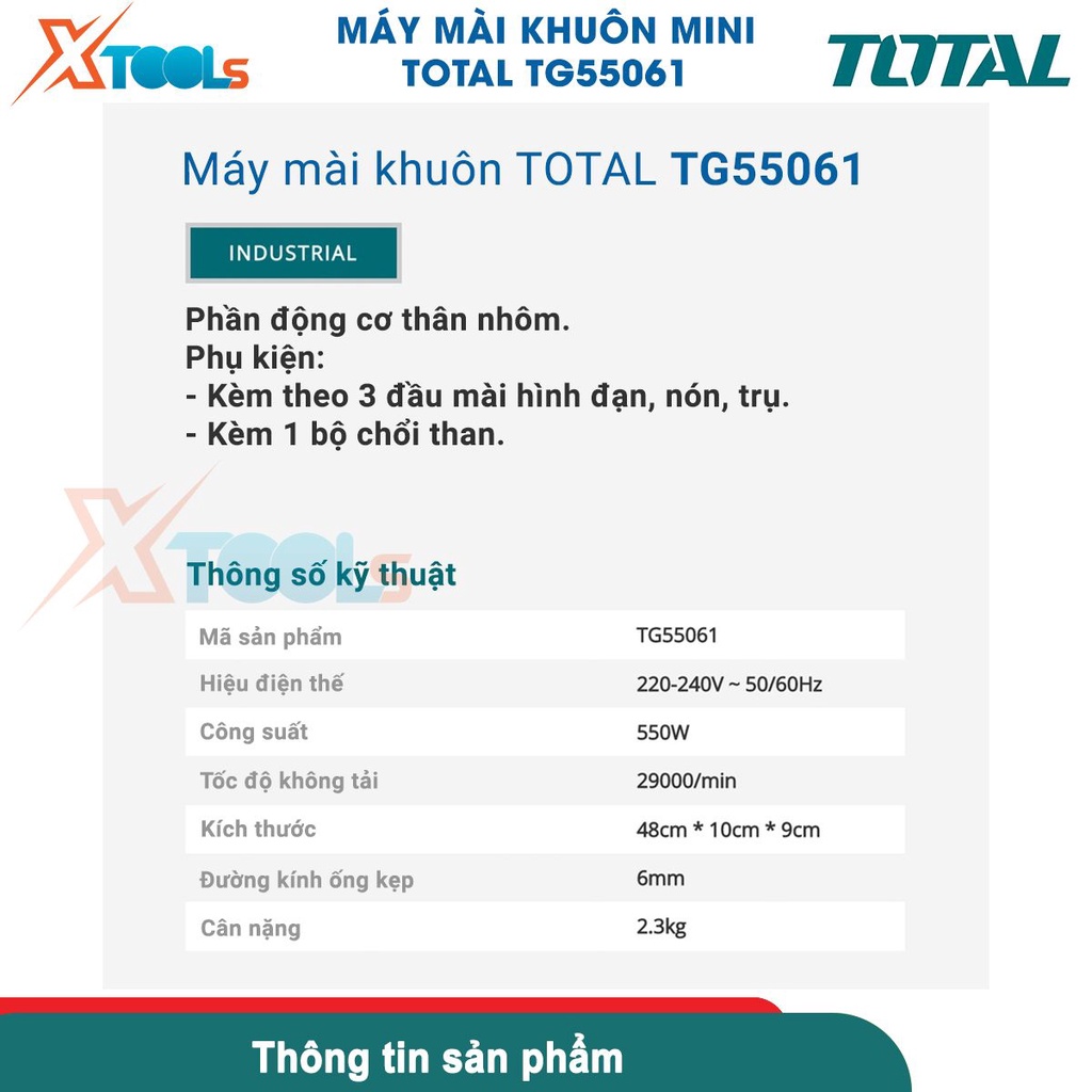 Máy mài khuôn TOTAL TG55061 550W, kích thước cốt mài 6mm dùng đánh bóng bề mặt, gờ nhám gỗ, thép [CHÍNH HÃNG][XTOOLS]