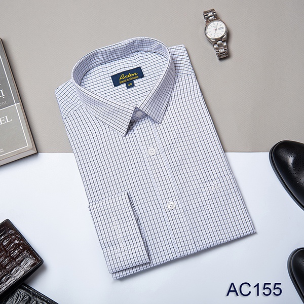 Áo Sơ Mi Nam Công Sở Trung Niên Thương Hiệu Anton Dài Tay Vải Cotton Kẻ Caro Đen Trắng – AC155