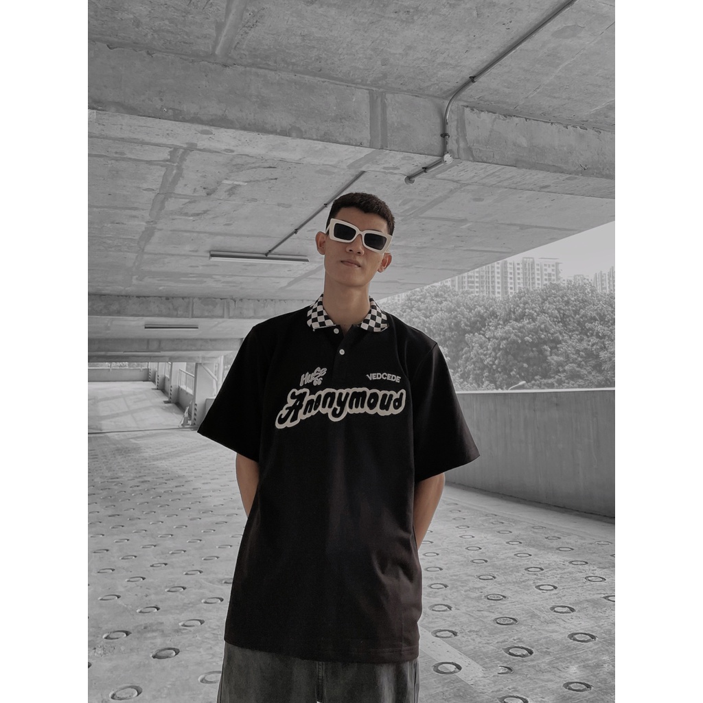 Áo thun Polo cổ bẻ Caro Boin thêu xù ANONY, Polo from rộng unisex vải thun da cá cao cấp 4 chiều phù hợp cho nam và nữ