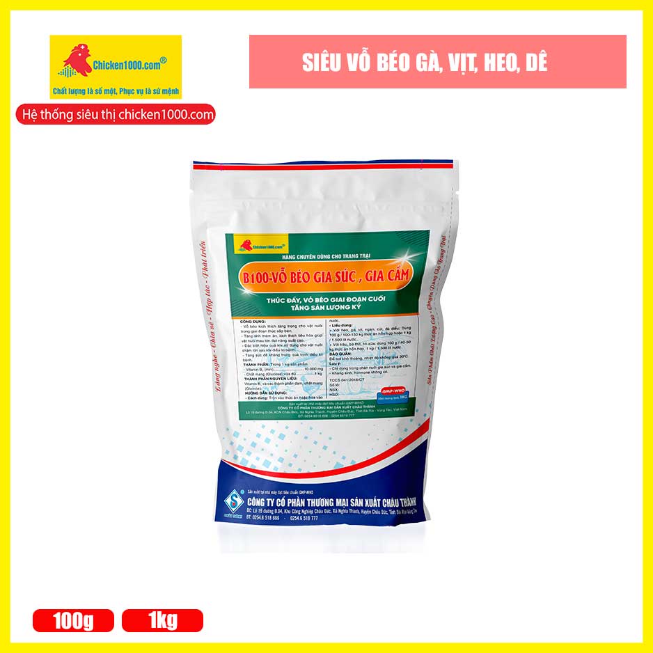 Thú Y B100 Vỗ Béo Gia Súc, Gia Cầm Tăng Trọng Cho Vật Nuôi Heo, Bò, Dê, Cừu, Gà, Vịt