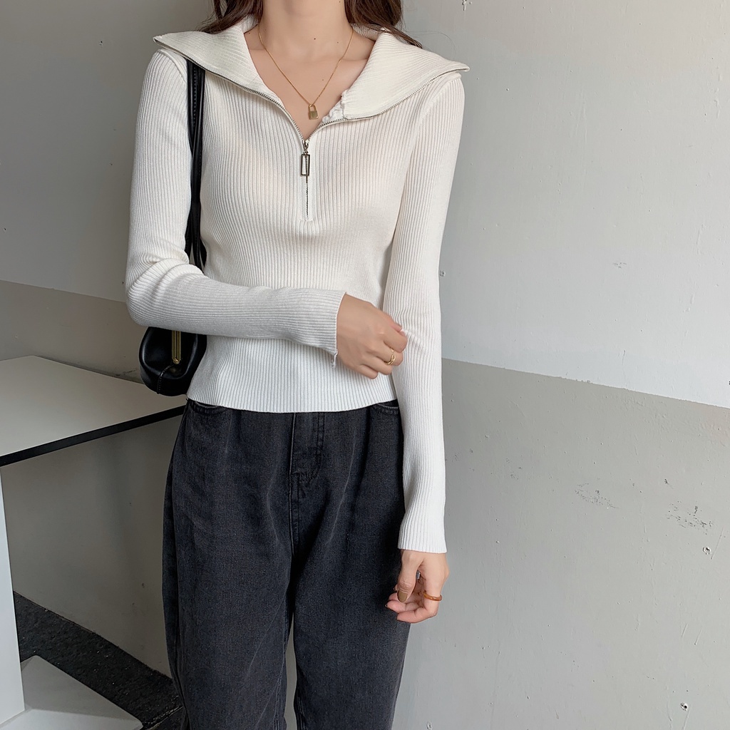 Áo sweater tay dài có dây kéo nửa thời trang mùa thu