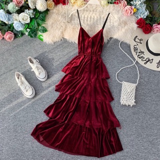 Váy hai dây 2 dây nhung xếp tầng dáng dài maxi xoè
