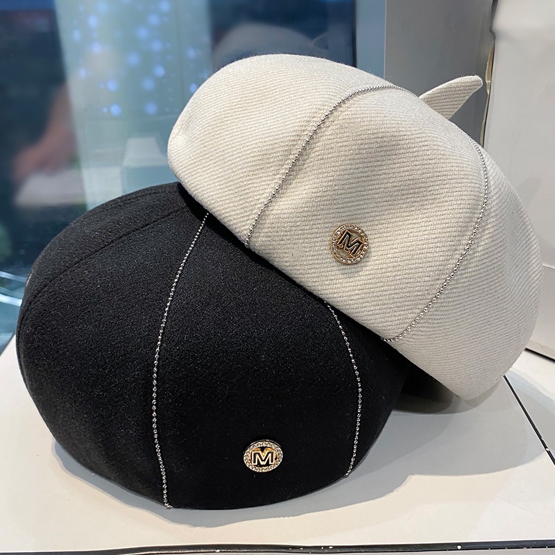 Mũ Beret Màu Trắng Đính Đá Chữ Thời Trang Thu Đông Hàn Quốc Cho Nữ