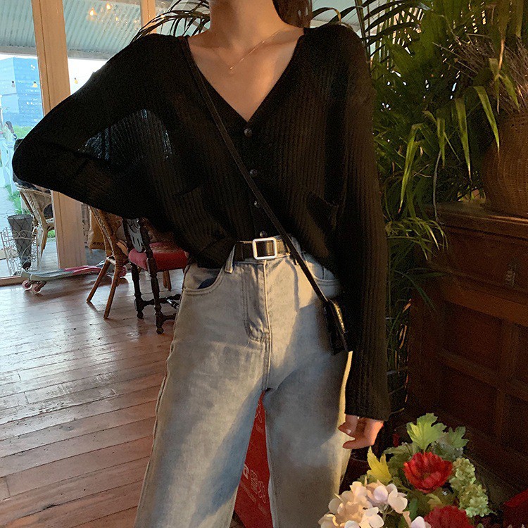 Áo cardigan len mỏng dài tay cổ V thời trang nữ freesize 336 1Z18