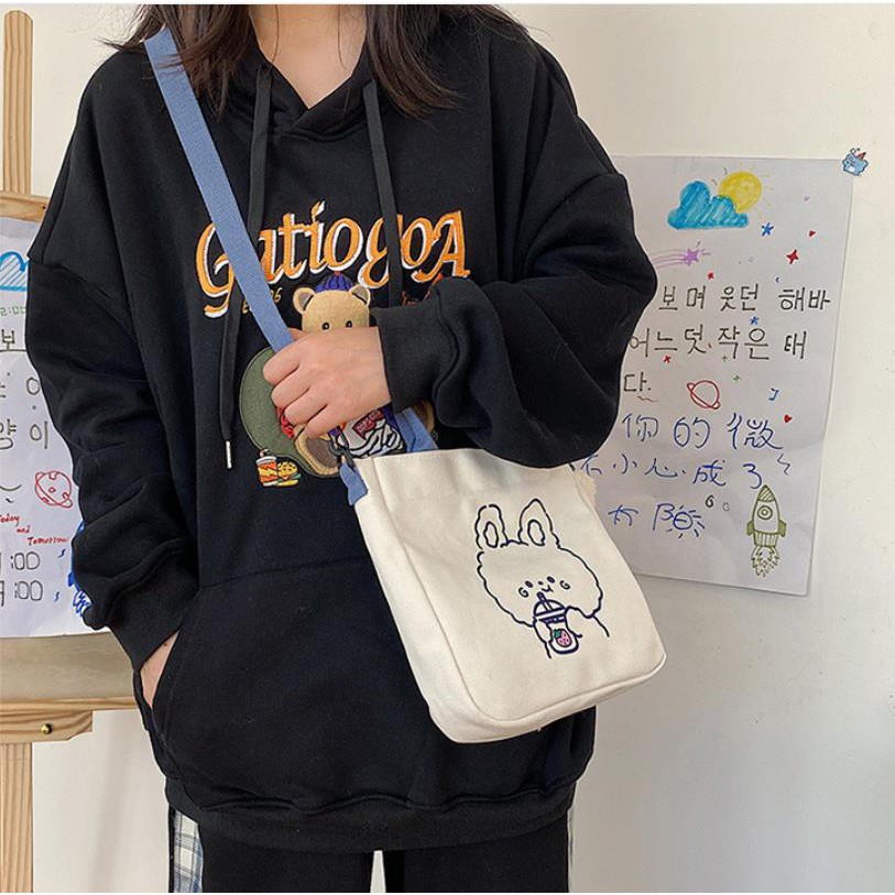 ❤️BÁN LỖ XIN ĐÁNH GIÁ❤️ Túi ToTe Vải Canvas Đeo Chéo Cầm Tay In Hình Gấu Dễ Thương DC0001