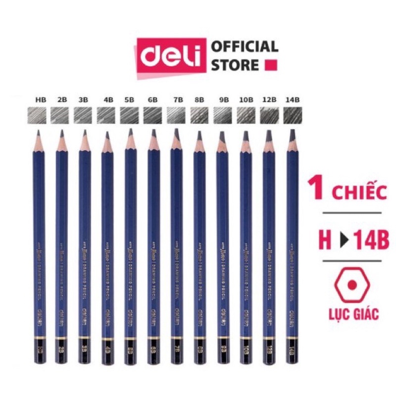 Bút chì phác thảo cao cấp Deli Độ cứng từ B - 14B, H, 2H, 3H, HB vẽ chuyên nghiệp mỹ thuật hội họa cụ đánh bóng khó gãy