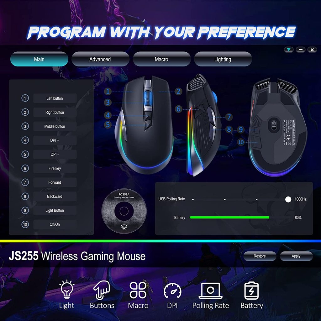 Chuột không dây Jomaa 2.4G USB 8 nút lập trình 6 cấp độ 10K DPI MMO RPG