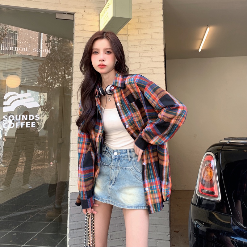 SUXI Áo Khoác Sơ Mi Caro Tay Dài Dáng Rộng Màu Sắc Tương Phản Phong Cách Retro Dành Cho Nữ