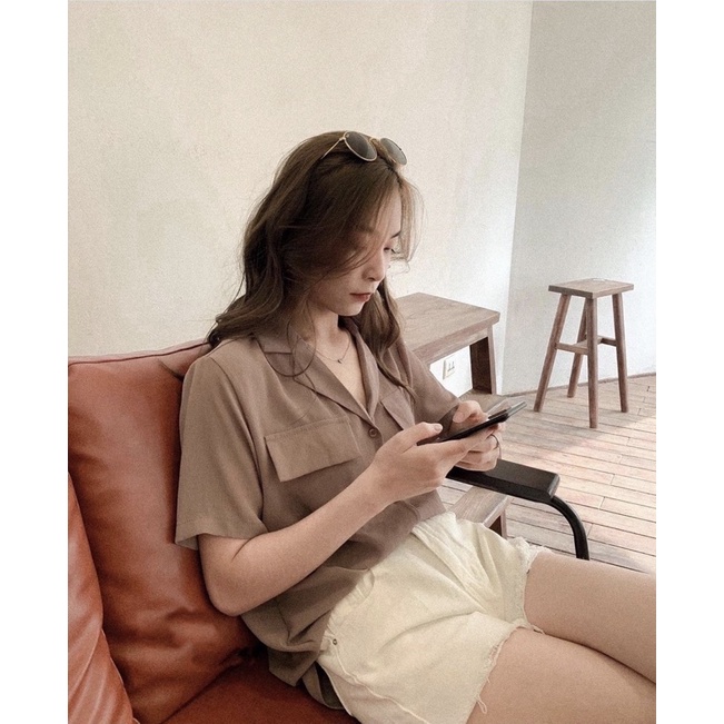 Áo sơ mi voan trơn cổ vest cộc tay túi giả, chất mát - ảnh thật hàng có sẵn