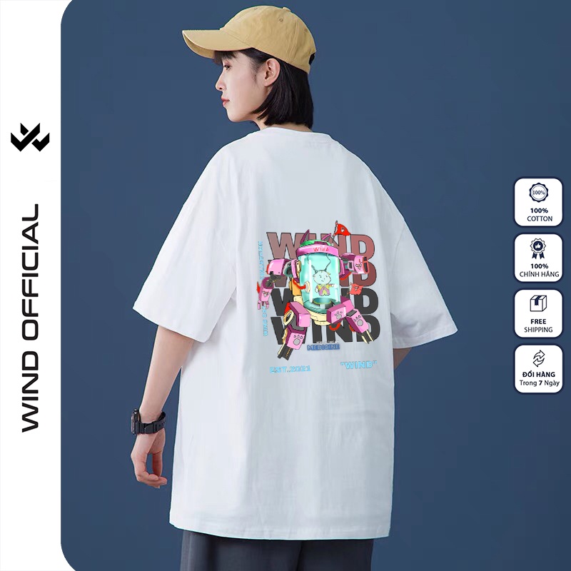 Áo phông nam WIND 65% cotton tay lỡ unisex form rộng ROBOT nam nữ oversize