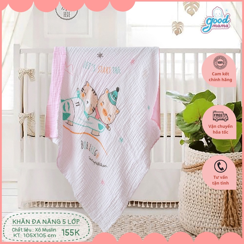 Khăn đa năng 5 lớp xô muslin Goodmama kích thước 105*105cm