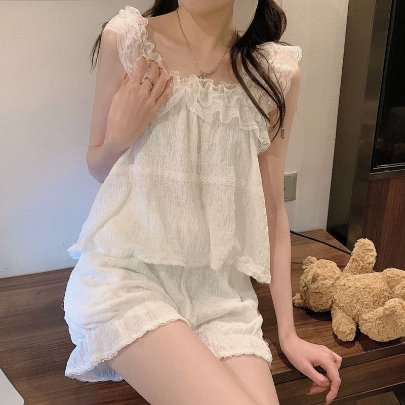 Jiashucheng Bộ Đồ Ngủ Hai Dây Phối Ren Kiểu Công Chúa Xinh Xắn Thời Trang Mùa Hè Cho Nữ