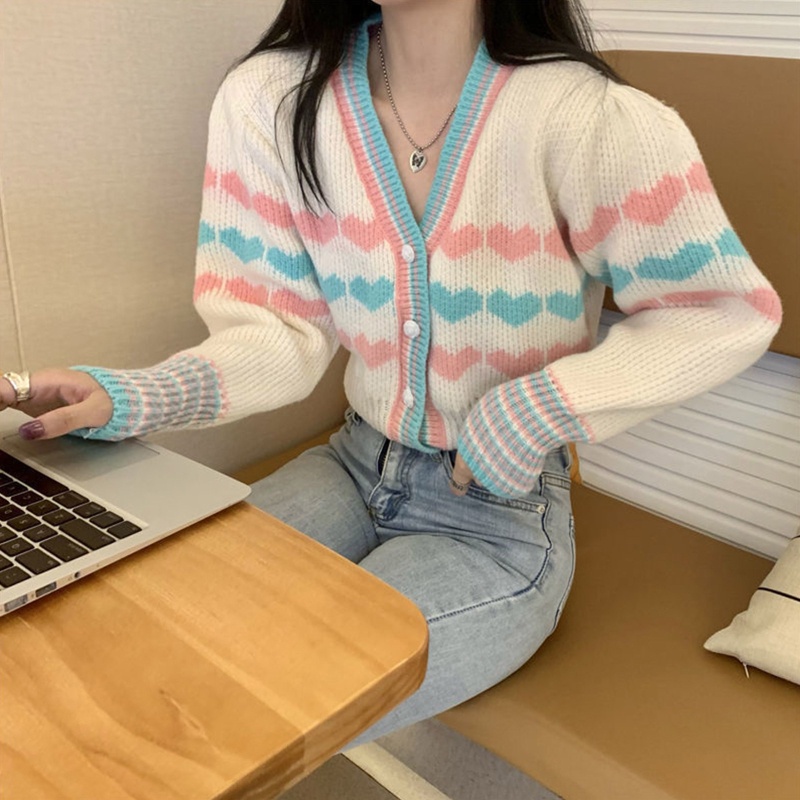 Áo Khoác Cardigan Dệt Kim Mỏng Cài Nút Họa Tiết Trái Tim Nhiều Màu Sắc Ngọt Ngào Cho Nữ