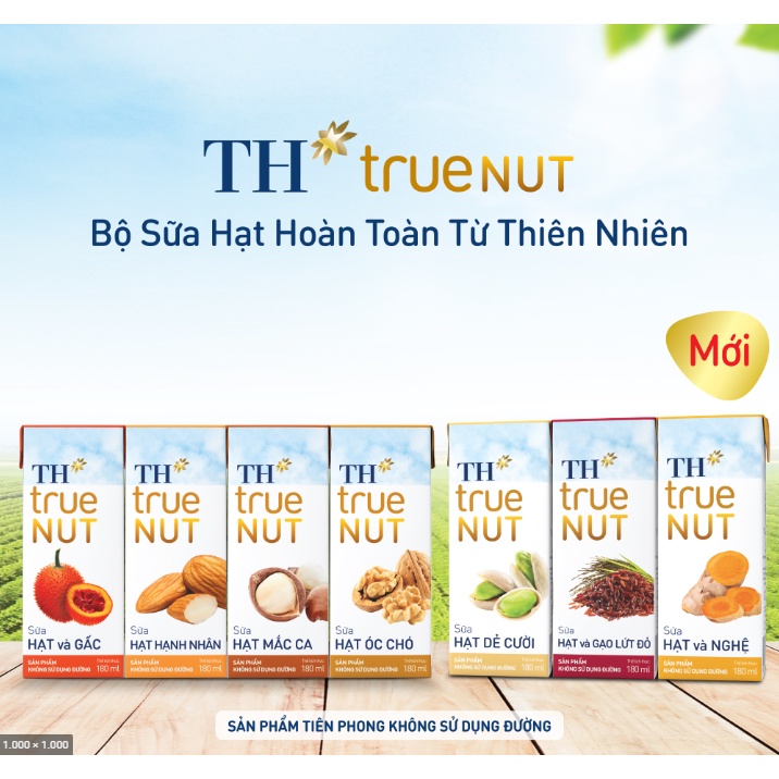 Sữa Hạt Macca/ Óc chó/ Hạnh nhân/ Ngũ cốc/ Yến mạch/ Gạo lứt/ Gấc/ TH true NUT 180 ml Lốc 4