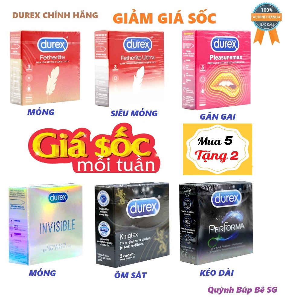 [Mua 5 Tặng 2] Bao Cao Su Durex [Hộp 3 Cái] Đủ Các Loại Gồm: #invisible, #Performa, #Pleasuremax, #Kingtex, #Fetherlite