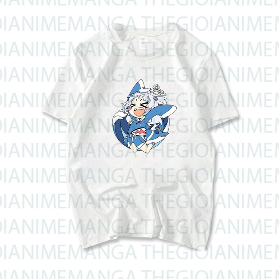 Áo thun phông đen trắng in hình GAWR GURA Hololive Vtuber thời trang xinh xắn cá tính anime chibi