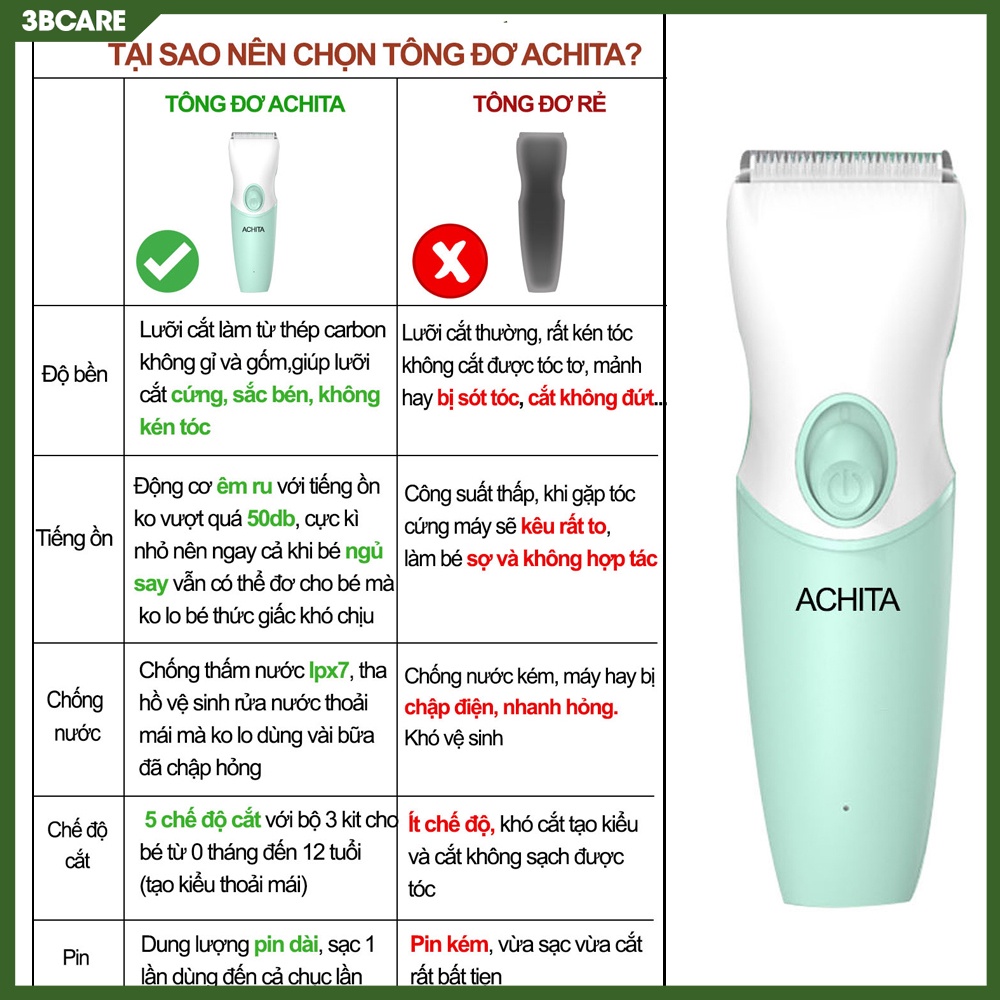 Tông đơ cắt tóc cho bé ACHITA lưỡi cắt gốm không gỉ, chống giật tóc, chống ồn