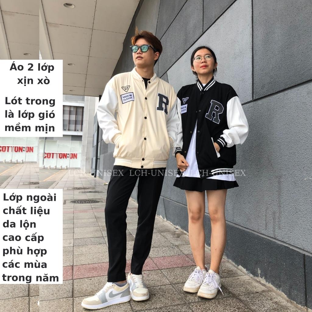 Áo khoác bomber varsity unisex form rộng thêu R chất da lộn mềm mịn jacket bóng chày 2 lớp nam nữ LCH