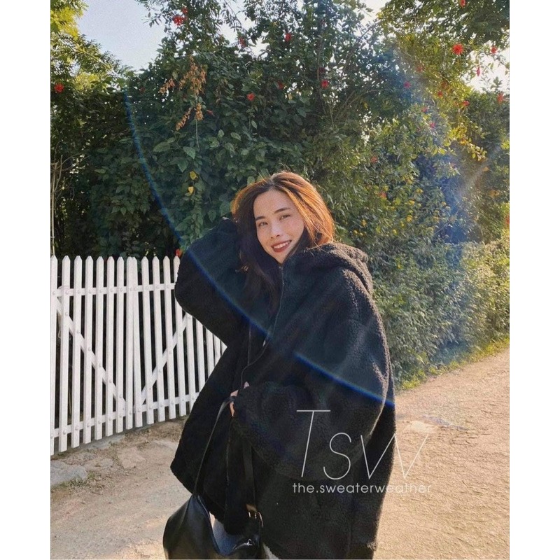 ÁO KHOÁC LÔNG - Hoodie khóa nỉ lông cừu đen from rộng siêu dày cực ấm