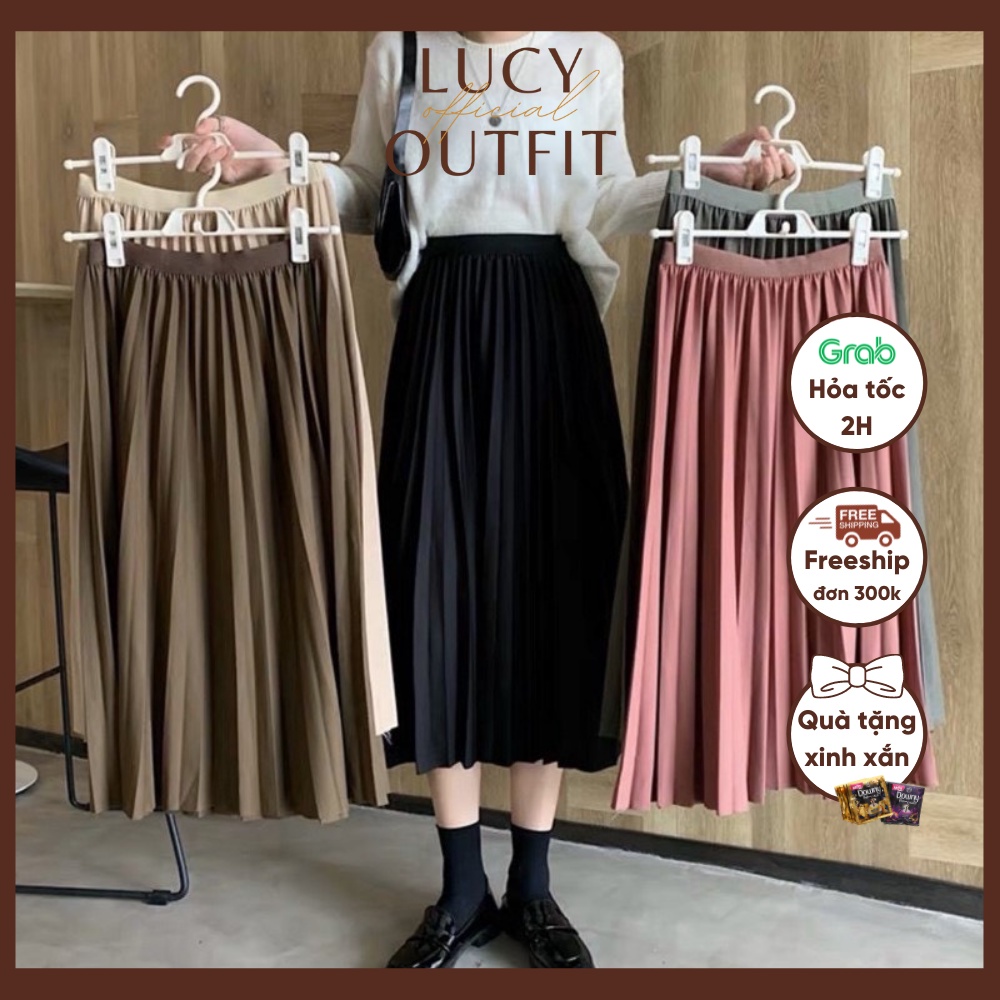 [Quà tặng là chun tóc nữ tính nhiều màu] Chân váy xếp ly cạp chun vải đanh bóng nhẹ dáng dài Lucy Outfit thiết kế