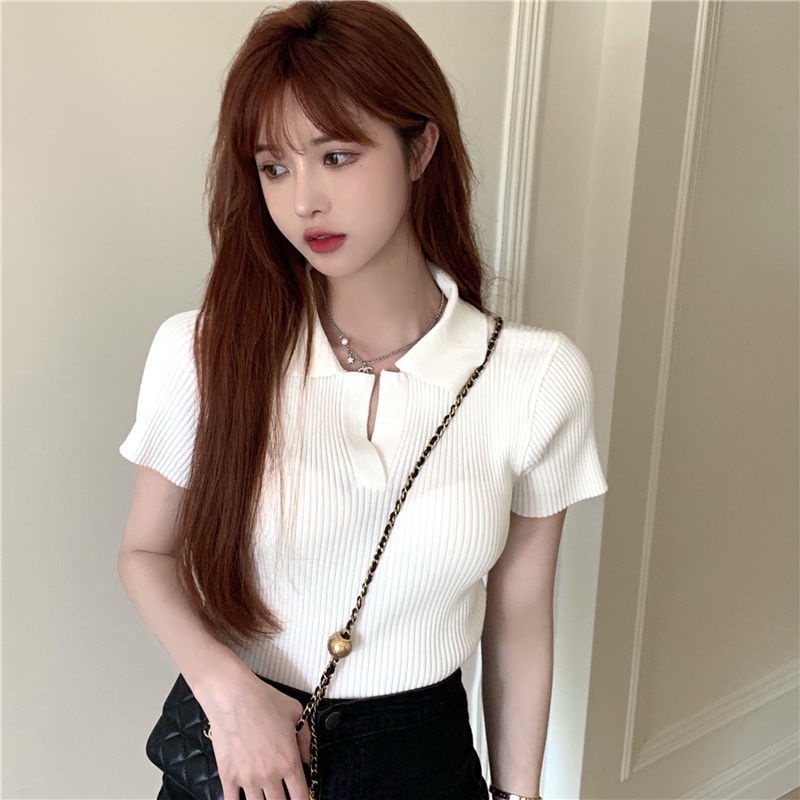 Áo thun polo tay ngắn màu sắc thời trang Hàn Quốc cho nữ