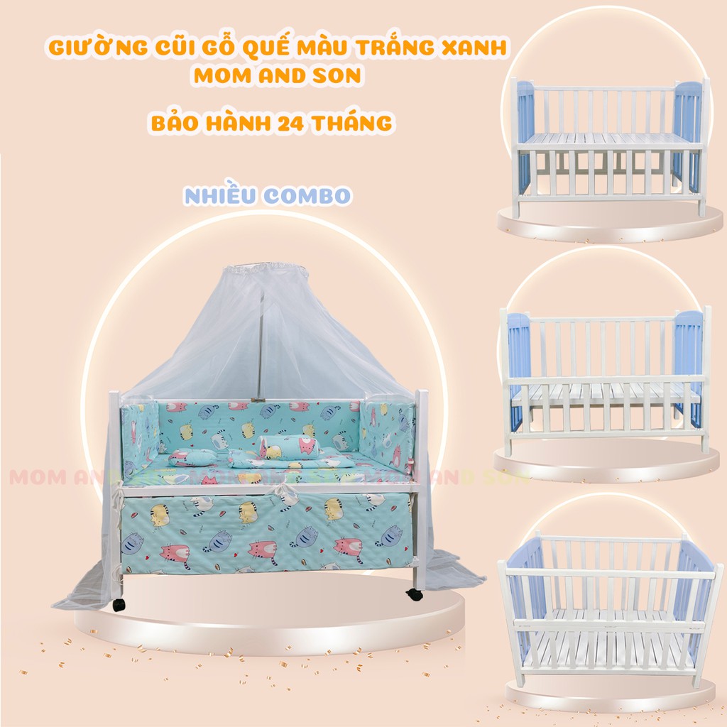 (Nhiều ComBo)Giường Cũi Cho Bé MOM AND SON(80x130x86 cm)-Gỗ Quế Tự Nhiên Xuất Khẩu Màu Trắng Xanh-BH 24 Tháng.