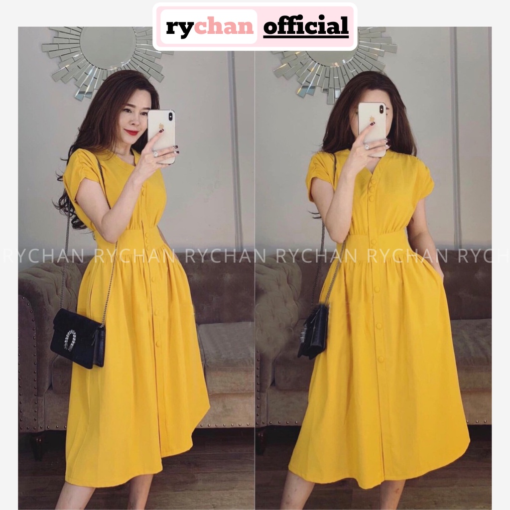 DX200 - Đầm Xòe Nút Bọc Cổ V Tay Con Chít Eo 3 Màu Vàng Nude Đỏ