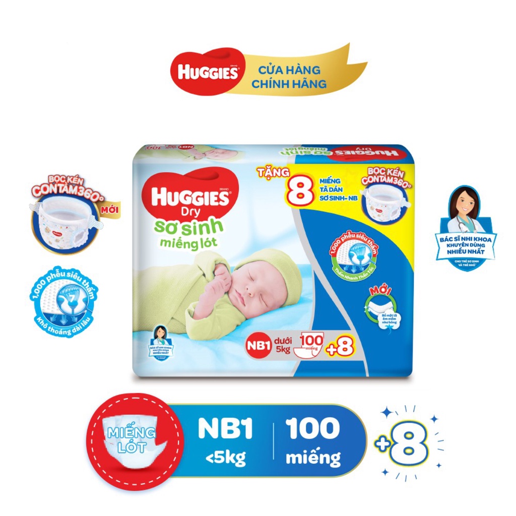 Miếng lót Sơ Sinh Huggies NB1 100 miếng + Tặng 8NB