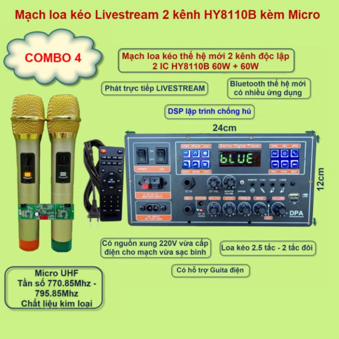 Mạch loa kéo Livestream 2 kênh riêng biệt 2 IC HY8110B 60W + 60W DSP lập trình chống hú có nguồn xung 220V kèm Micro
