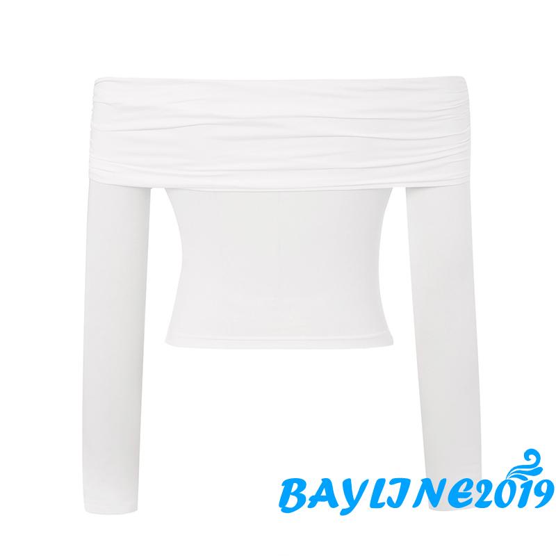 Bay-female Crop Top Tay Dài Cổ Thuyền Màu Trơn Thời Trang Xuân Thu Size S / M / L