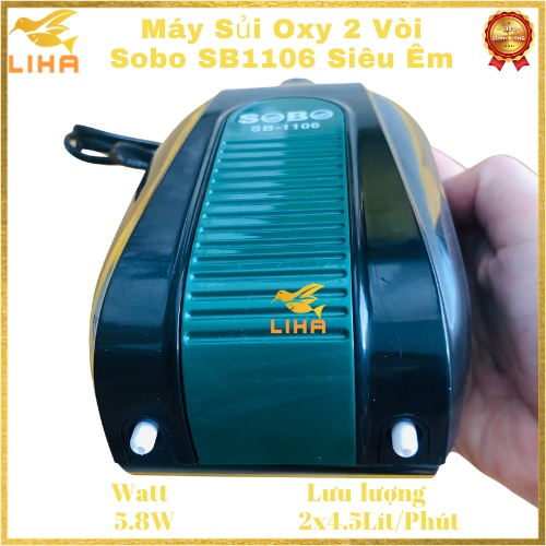 Máy Sủi Oxy 2 Vòi Sobo SB1106 (5.8W- 2x4.5Lít/Phút) - Máy Oxi Chạy Êm Cho Bể Cá