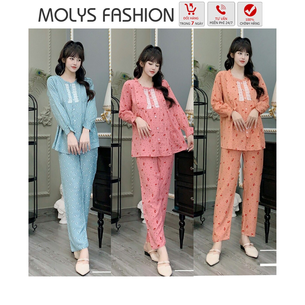 Bộ bầu sau sinh cho con bú cotton lụa cổ phối ren gấu tay bo chun VM6662 nhiều họa tiết xinh yêu diện suốt thai kỳ