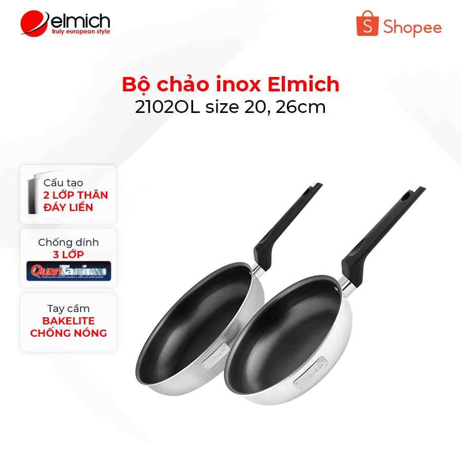 [Mã LIFECPMALL giảm 12% đơn 250K] Bộ chảo inox chống dính đáy liền Elmich 2102OL size 20, 26cm