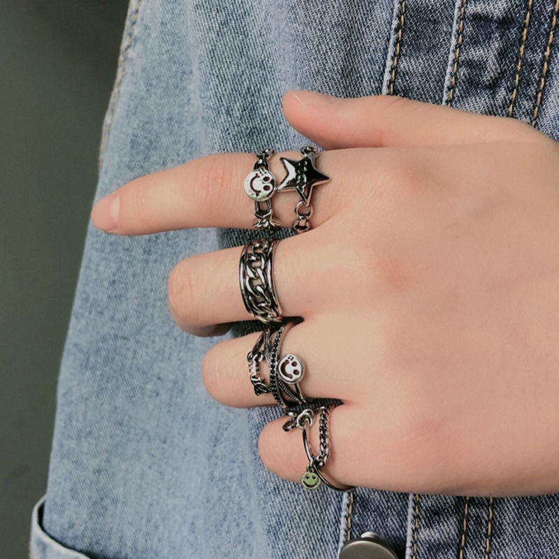 Nhẫn hai lớp dạng hở kiểu dây xích có thể điều chỉnh kích thước hình mặt cười cho cặp đôi 22373