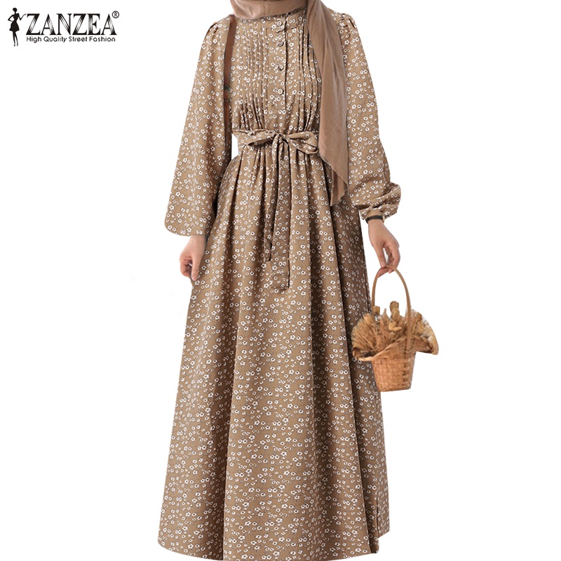 Đầm dài Zanzea tay phồng cổ tròn in họa tiết hoa phong cách cổ điển dành cho nữ
