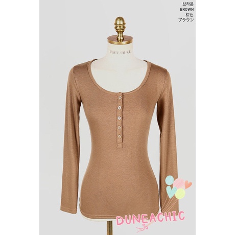 DUNEA Áo Thun Tay Dài Cổ Tròn Phối Hàng Nút Kiểu Dáng Quyến Rũ