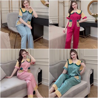 Đồ bộ pijama lụa mặc nhà tay ngắn quần dài chất liệu satin dễ thương VIZUKA