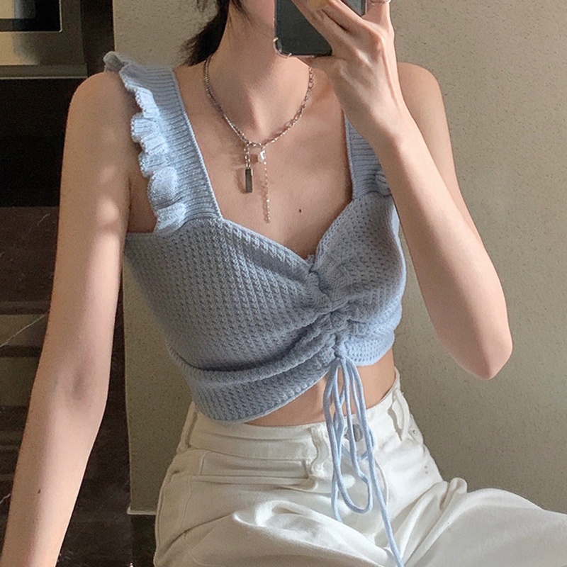 Áo Croptop Dệt Kim Sát Nách Cổ Chữ V Phối Bèo Thời Trang Quyến Rũ Cho Nữ